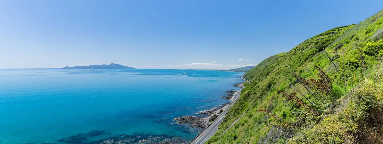Kāpiti Island seen across the sea from the green cliffs of the Kāpiti Coast